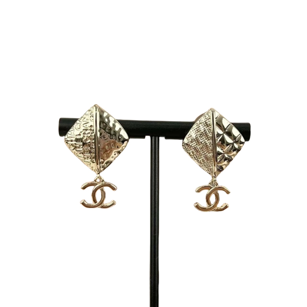 CCE008 Metal rhombic asymmetric embossment letters CC drop earring - ccjewelryacc