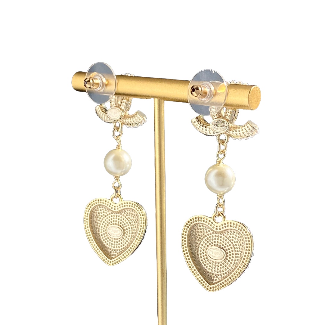 CCE005 Chanel Crystal and pearls cc and heart drop earring - ccjewelryacc