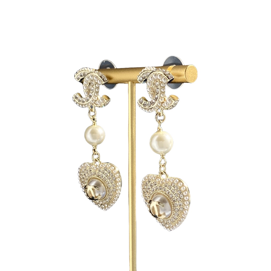 CCE005 Chanel Crystal and pearls cc and heart drop earring - ccjewelryacc