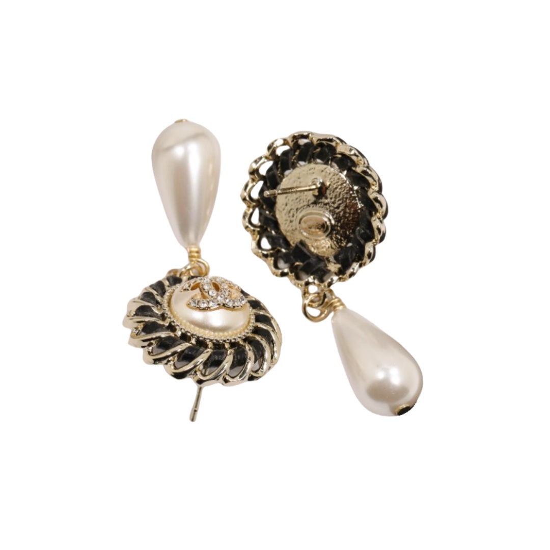 CCE002 Metal leather resin pearl with cc logo drop earring - ccjewelryacc