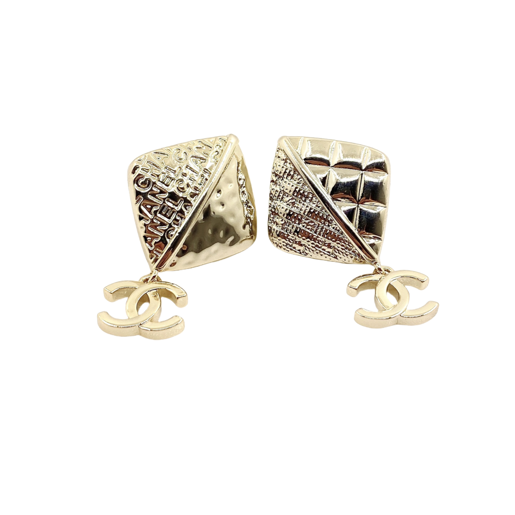 CCE008 Metal rhombic asymmetric embossment letters CC drop earring - ccfashionjewelry