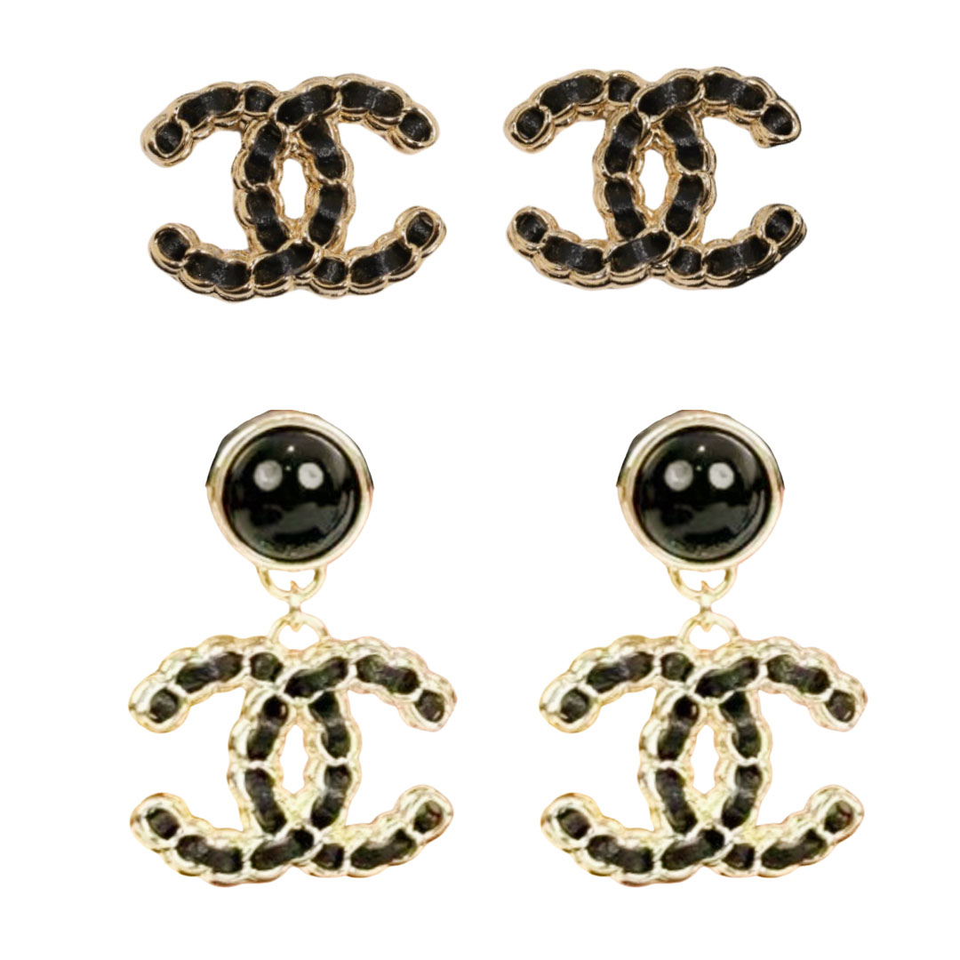 CCE003 Metal and leather classical Double c cc logo stud earring - ccjewelryacc