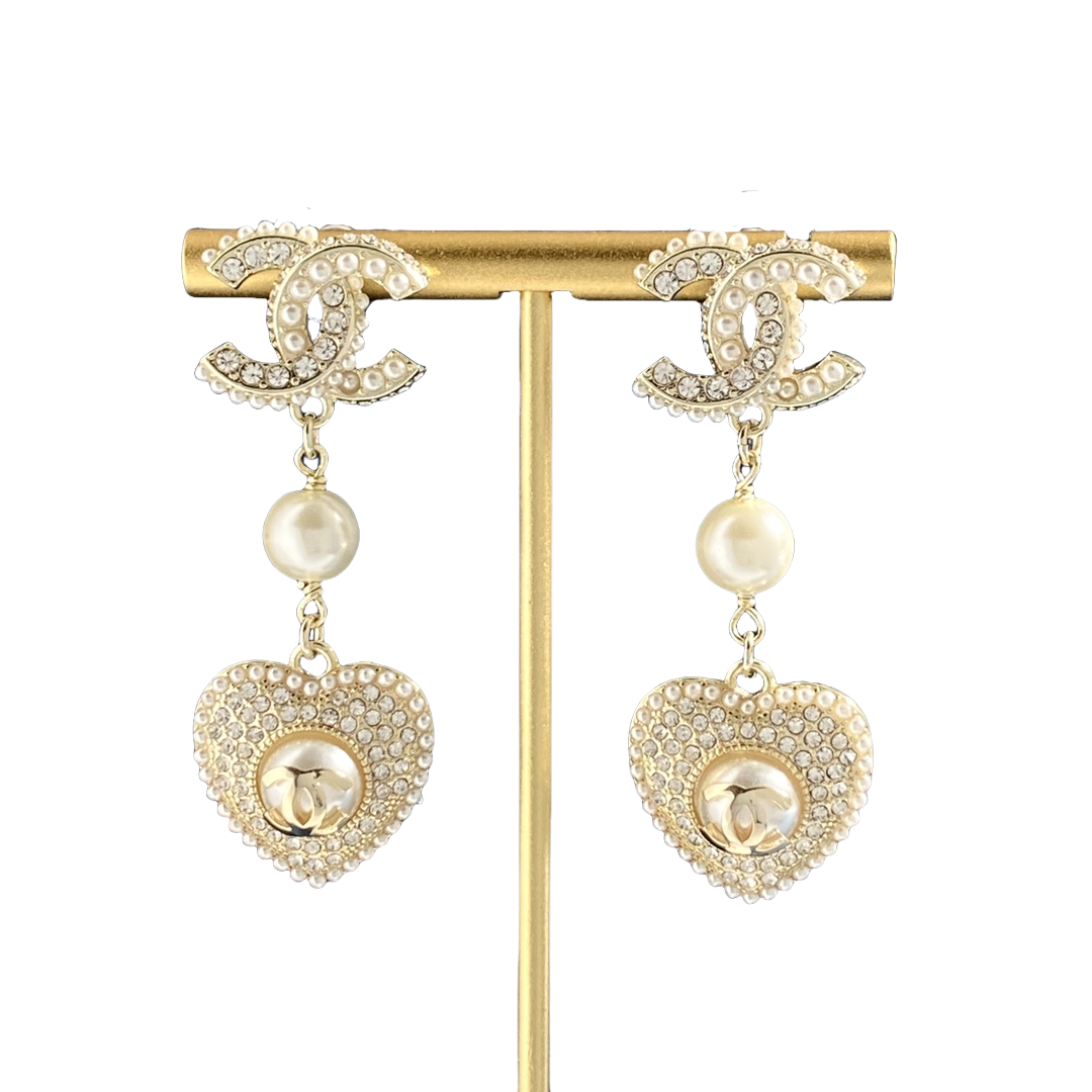 CCE005 Chanel Crystal and pearls cc and heart drop earring - ccjewelryacc