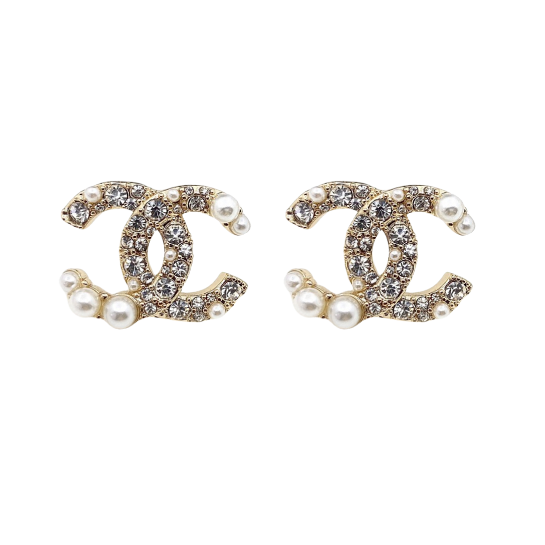 CCE801 Matte gold pearl crystal CC Logo earrings - ccjewelryacc