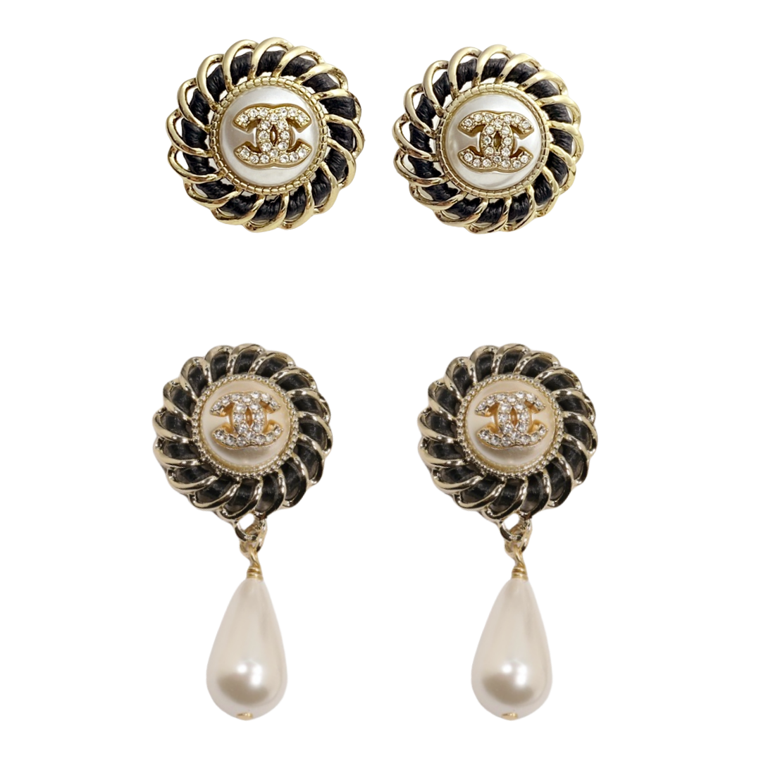 CCE002 Metal leather resin pearl with cc logo drop earring - ccfashionjewelry