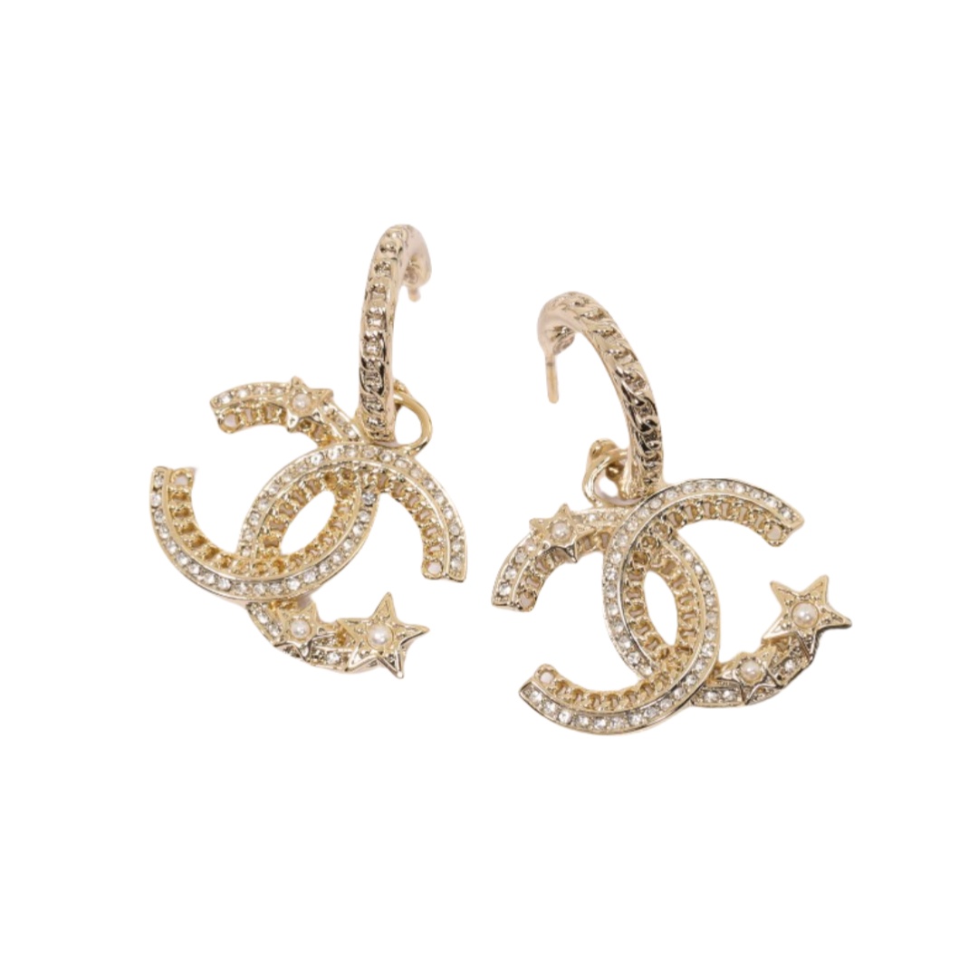 CCE593 Metal chain crystal star pearl cc logo Hook earrings - ccfashionjewelry