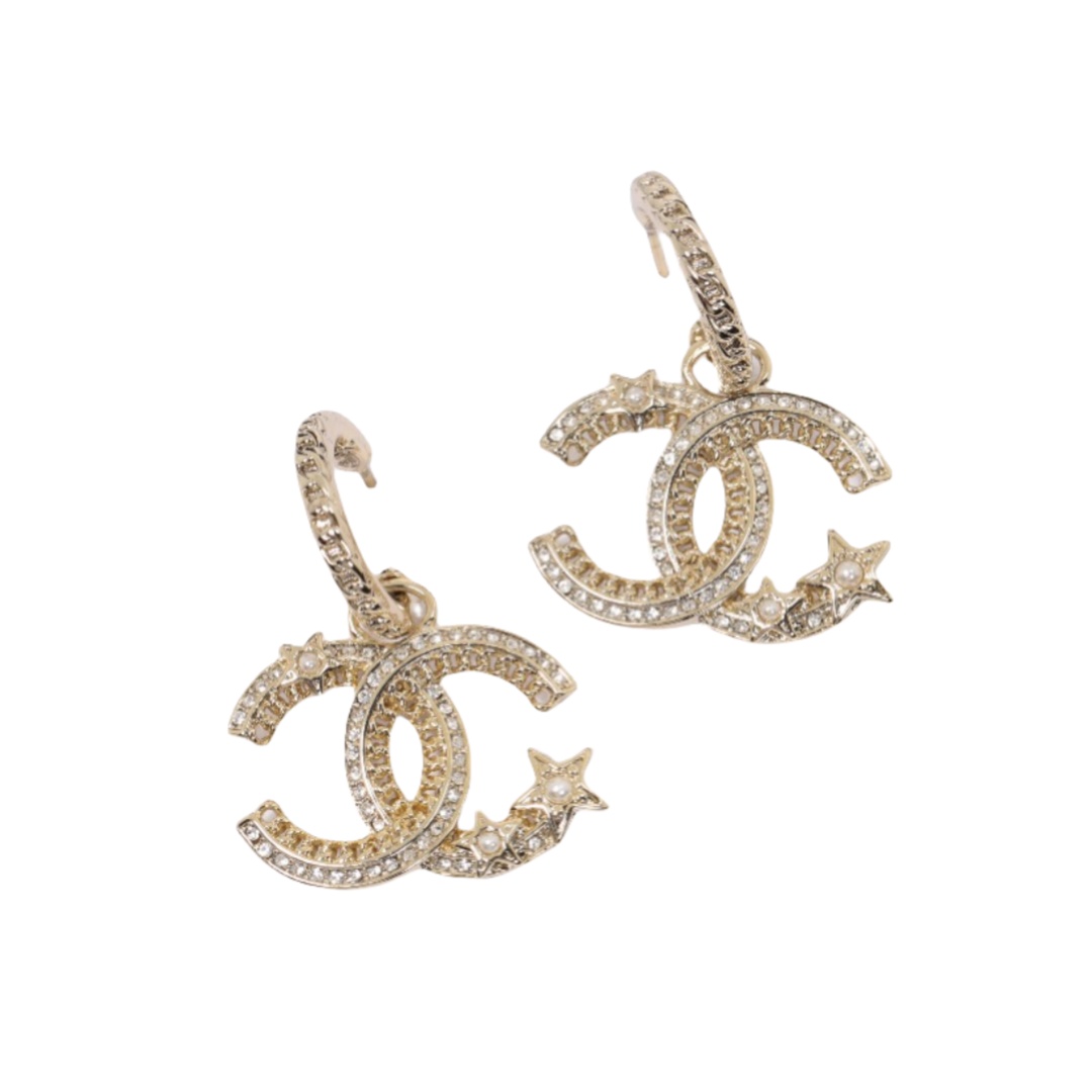 CCE593 Metal chain crystal star pearl cc logo Hook earrings - ccfashionjewelry