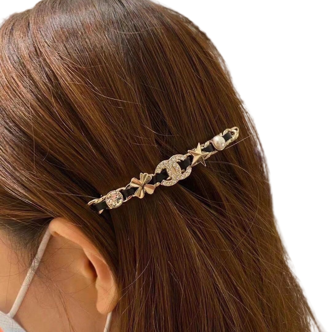 CCH041 Metal leather with star clover and crystal CC logo Hair clip Hair Jewelry hair accessories - ccjewelryacc