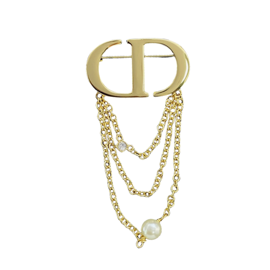 CDB047 CD Letter with chain tassels brooch Pin - ccjewelryacc