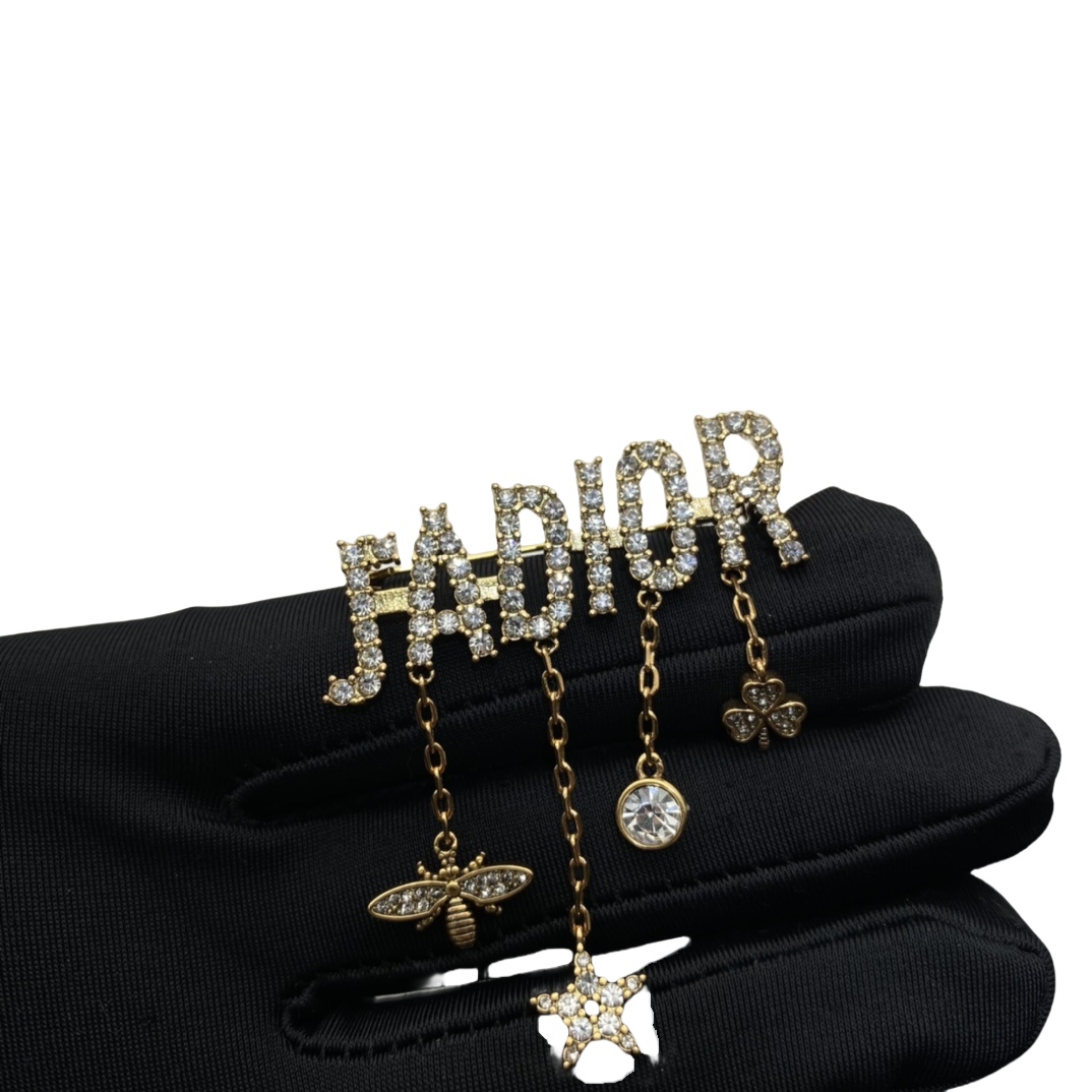 CDB066 Crystal Jadior letter with star clover bee charms chain tassels CD brooch pin - ccjewelryacc