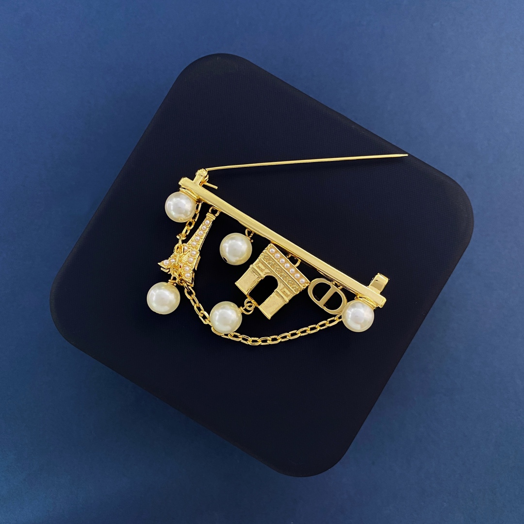 CDB011 Dior Tower arc de Triomphe pearl fringe chain brooch pin - ccjewelryacc