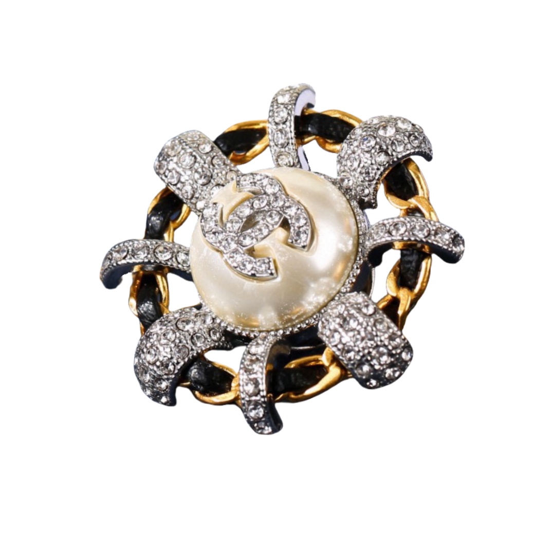 BCB343  Metal leather round crystal CC brooch pin - ccjewelryacc