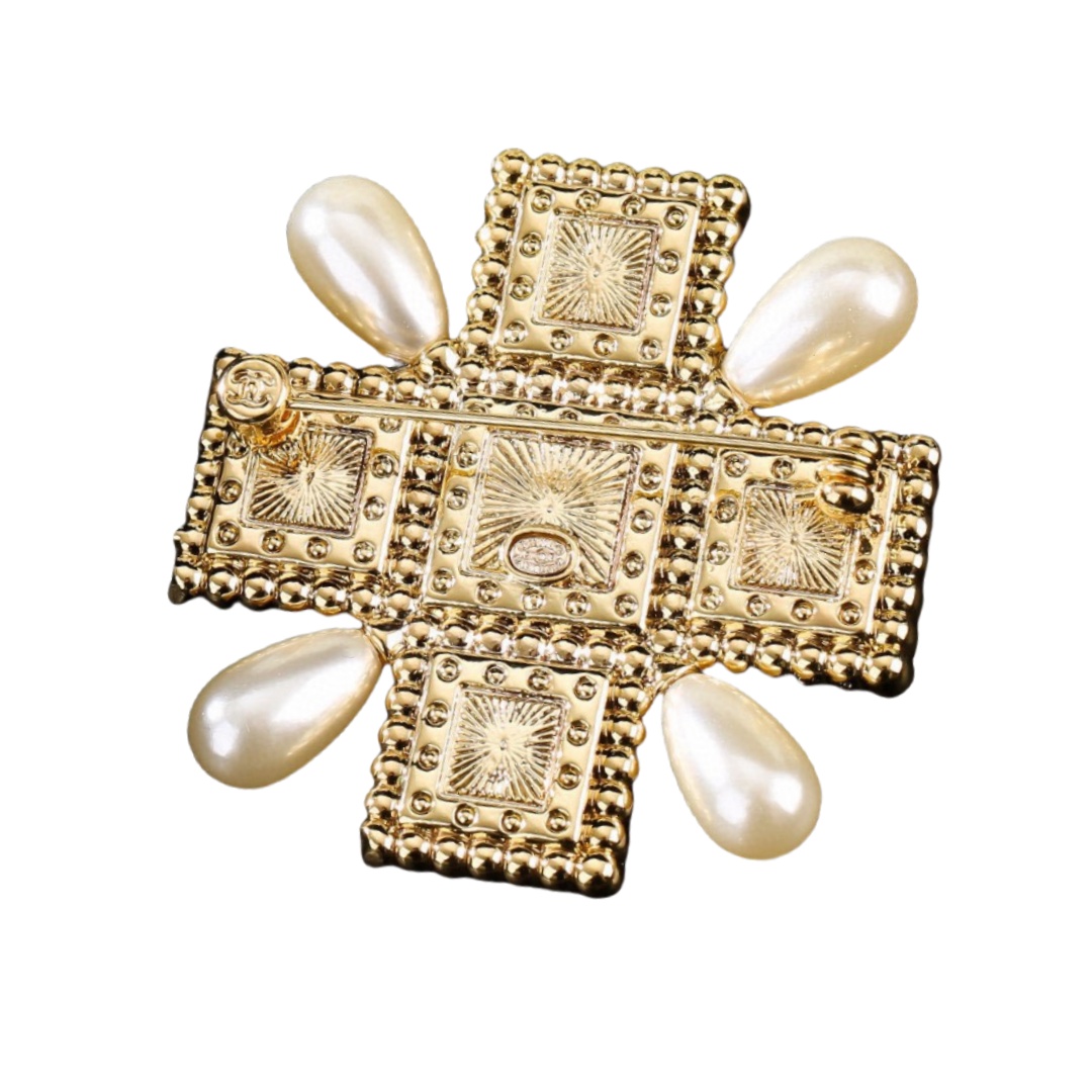 BCB263 Crystal and pearl cross with CC logo brooch pin - ccjewelryacc