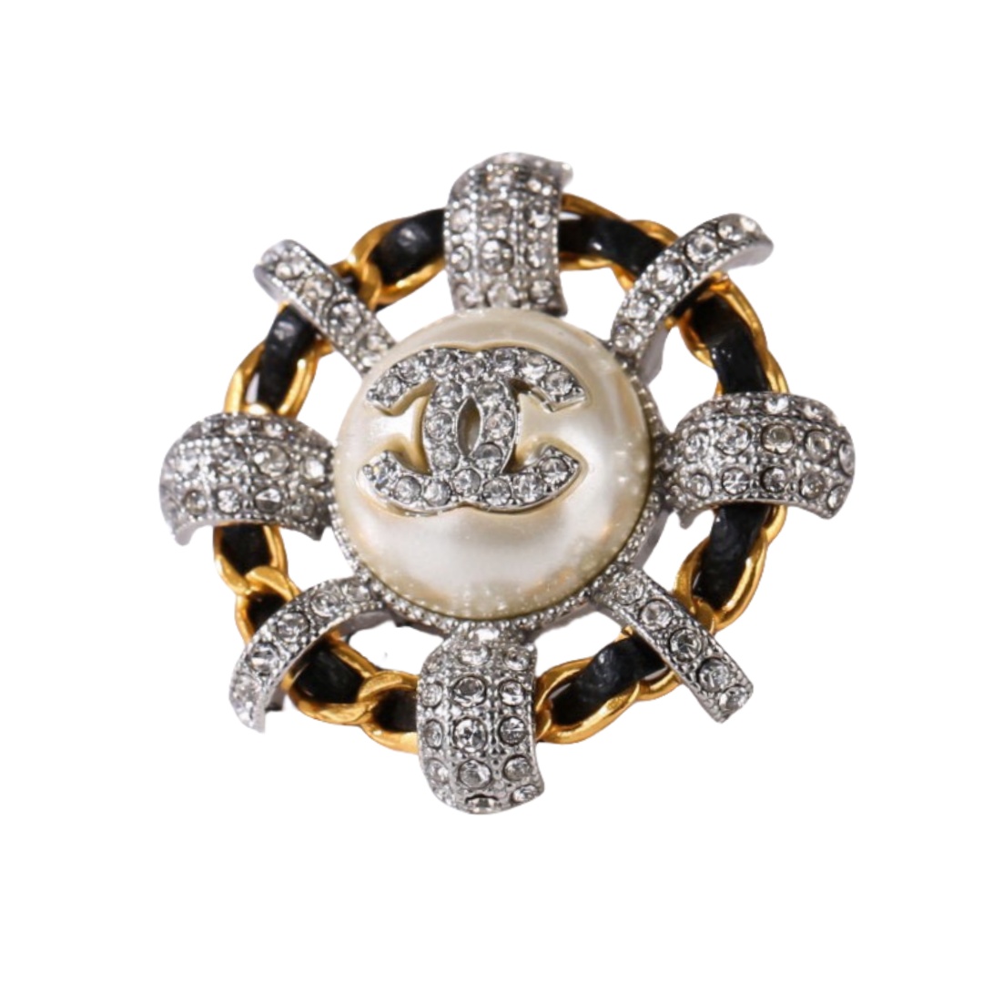 BCB343  Metal leather round crystal CC brooch pin - ccjewelryacc