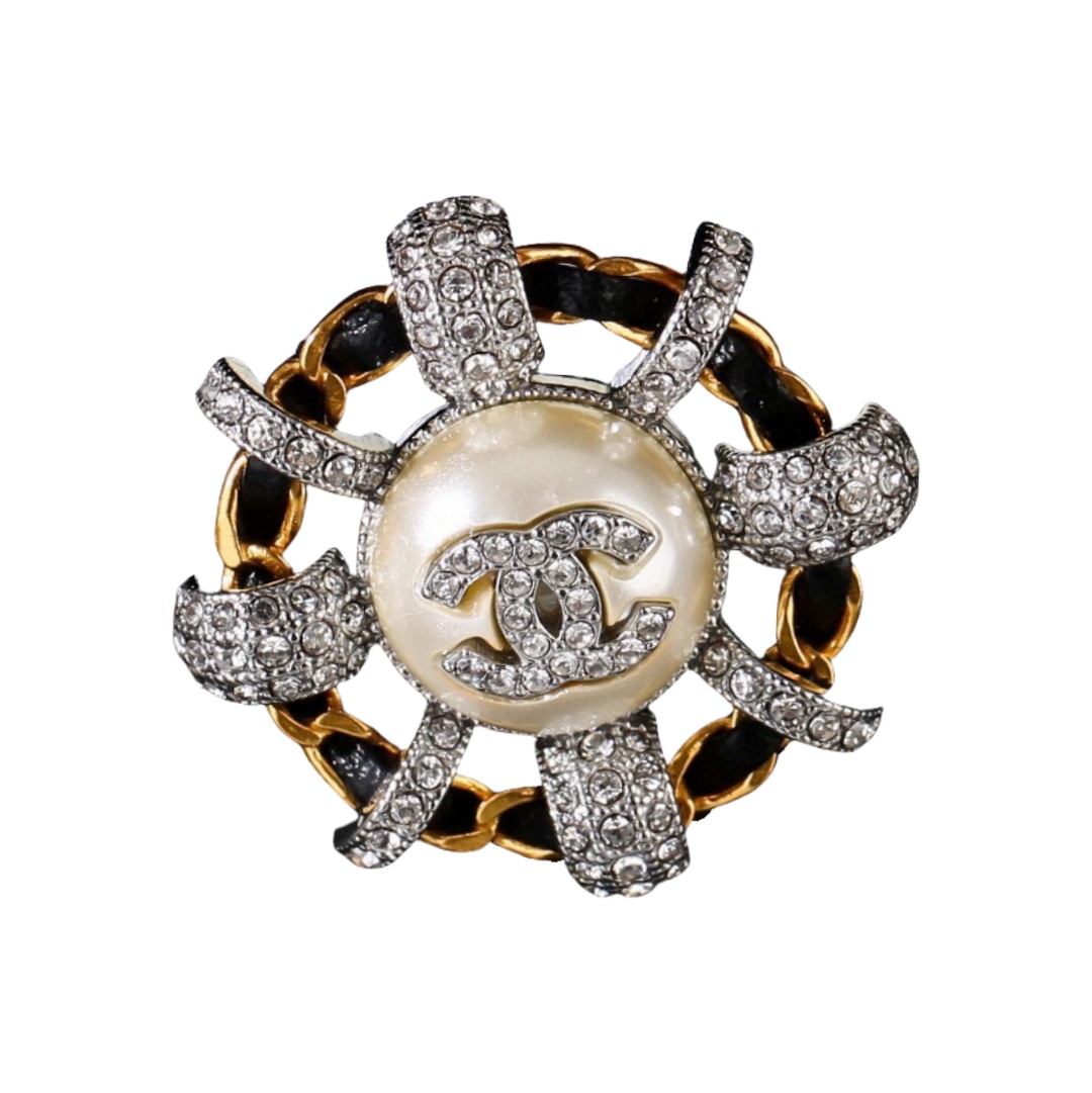 BCB343  Metal leather round crystal CC brooch pin - ccjewelryacc