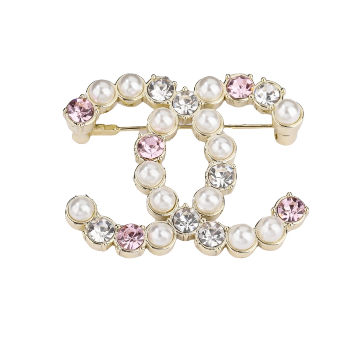 BCB160 Pink crystal and pearl cc logo brooch pin - ccjewelryacc