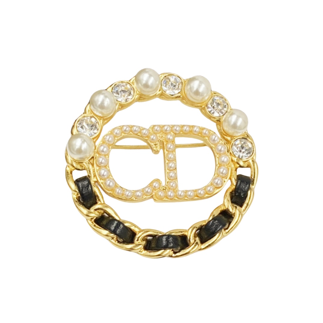 CDB036 Metal chain with leather CD brooch pin with crystal and pearls - ccjewelryacc