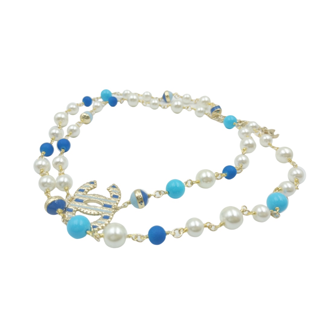 CCL335 Color pearls with enamel cc logo long sweater chain necklace - ccjewelryacc