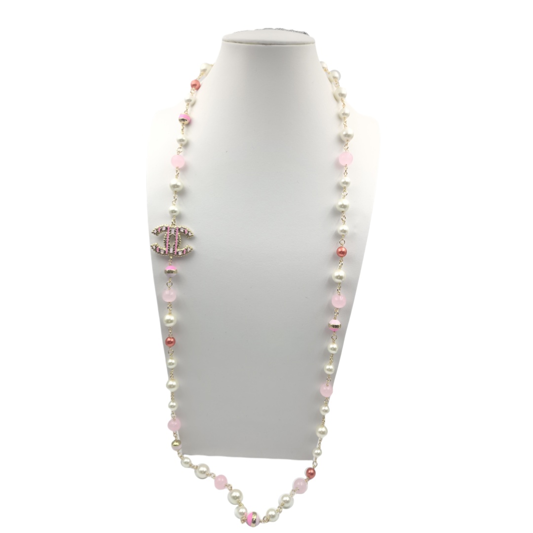 CCL335 Color pearls with enamel cc logo long sweater chain necklace - ccjewelryacc