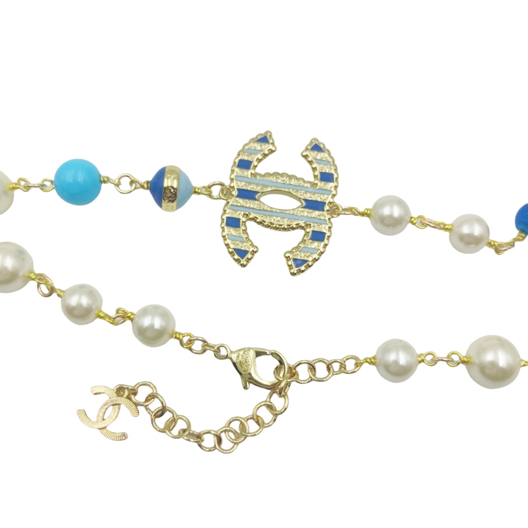 CCL335 Color pearls with enamel cc logo long sweater chain necklace - ccjewelryacc