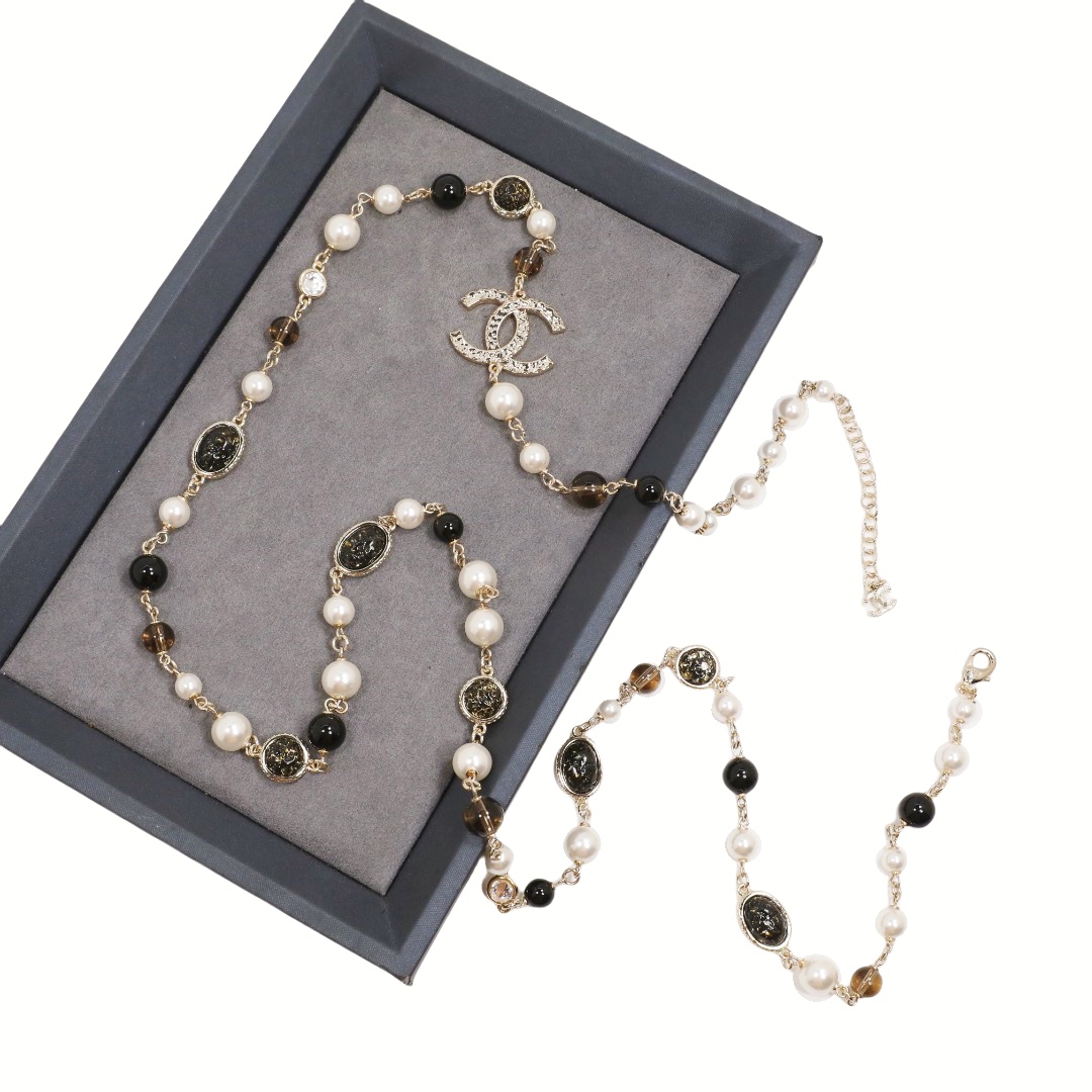 CCL090 Black acrylic beads and round crystal Long pearl chain sweater necklace - ccjewelryacc