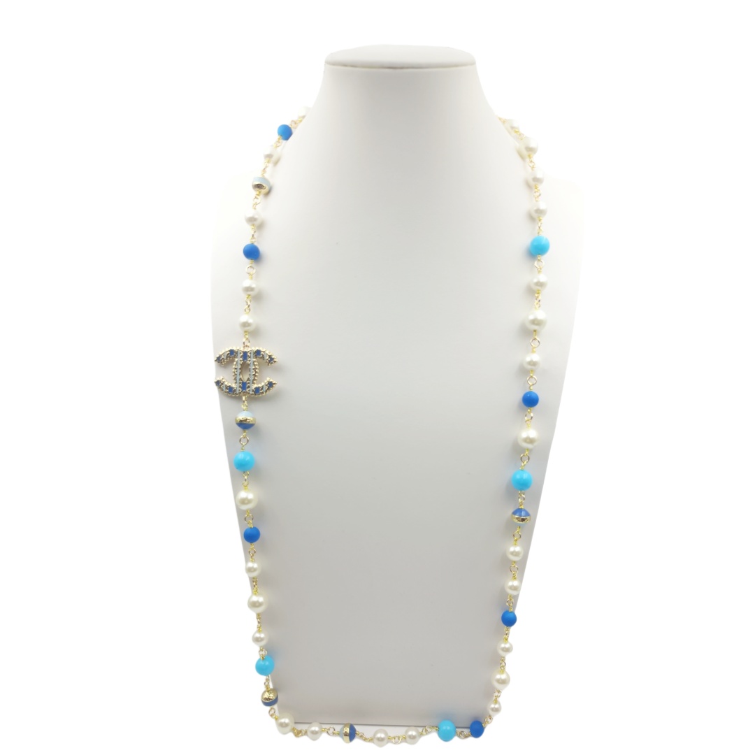 CCL335 Color pearls with enamel cc logo long sweater chain necklace - ccjewelryacc