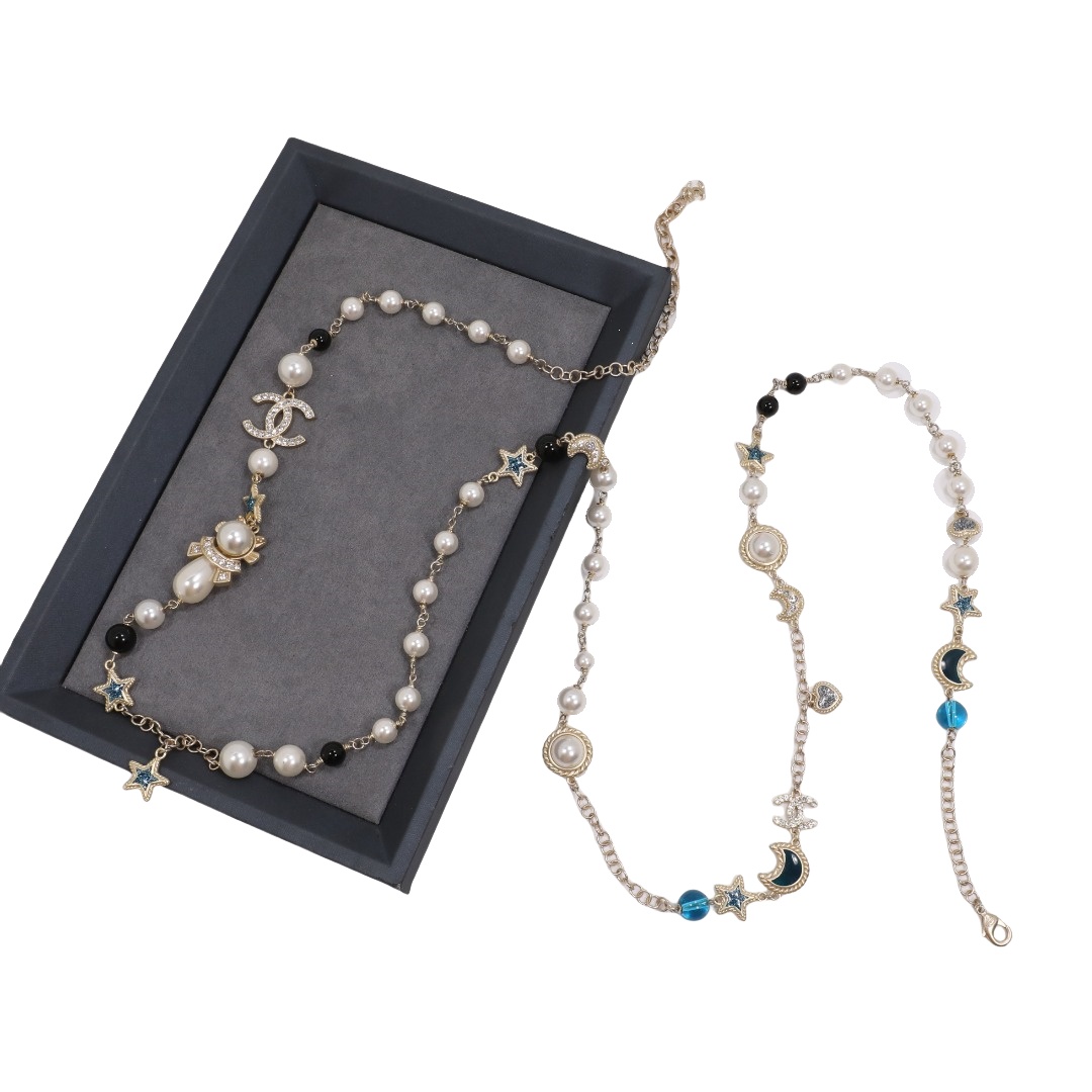 CCL089 Starry sky element star moon heart and colorful enamel pearl long necklace sweater necklace - ccjewelryacc