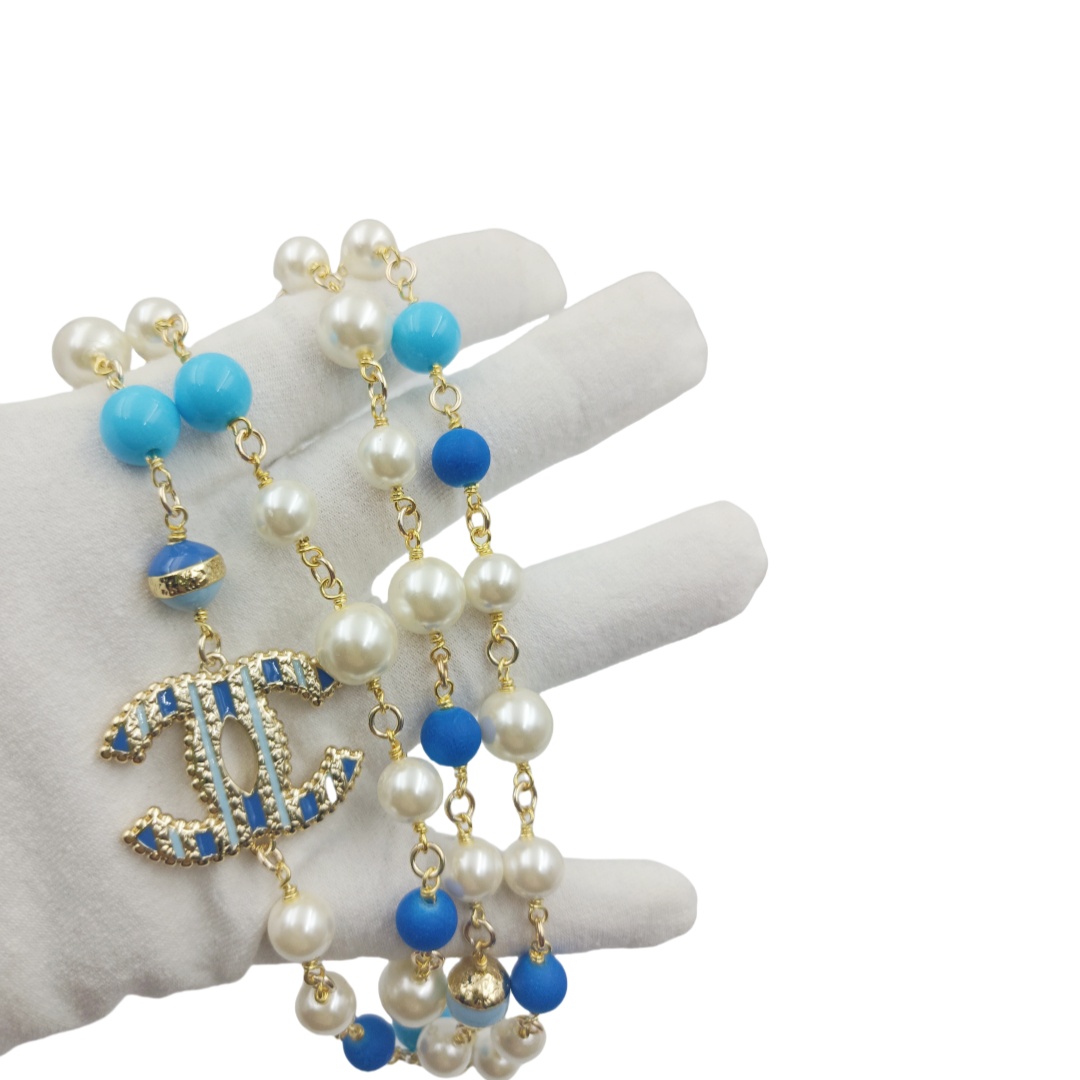CCL335 Color pearls with enamel cc logo long sweater chain necklace - ccjewelryacc