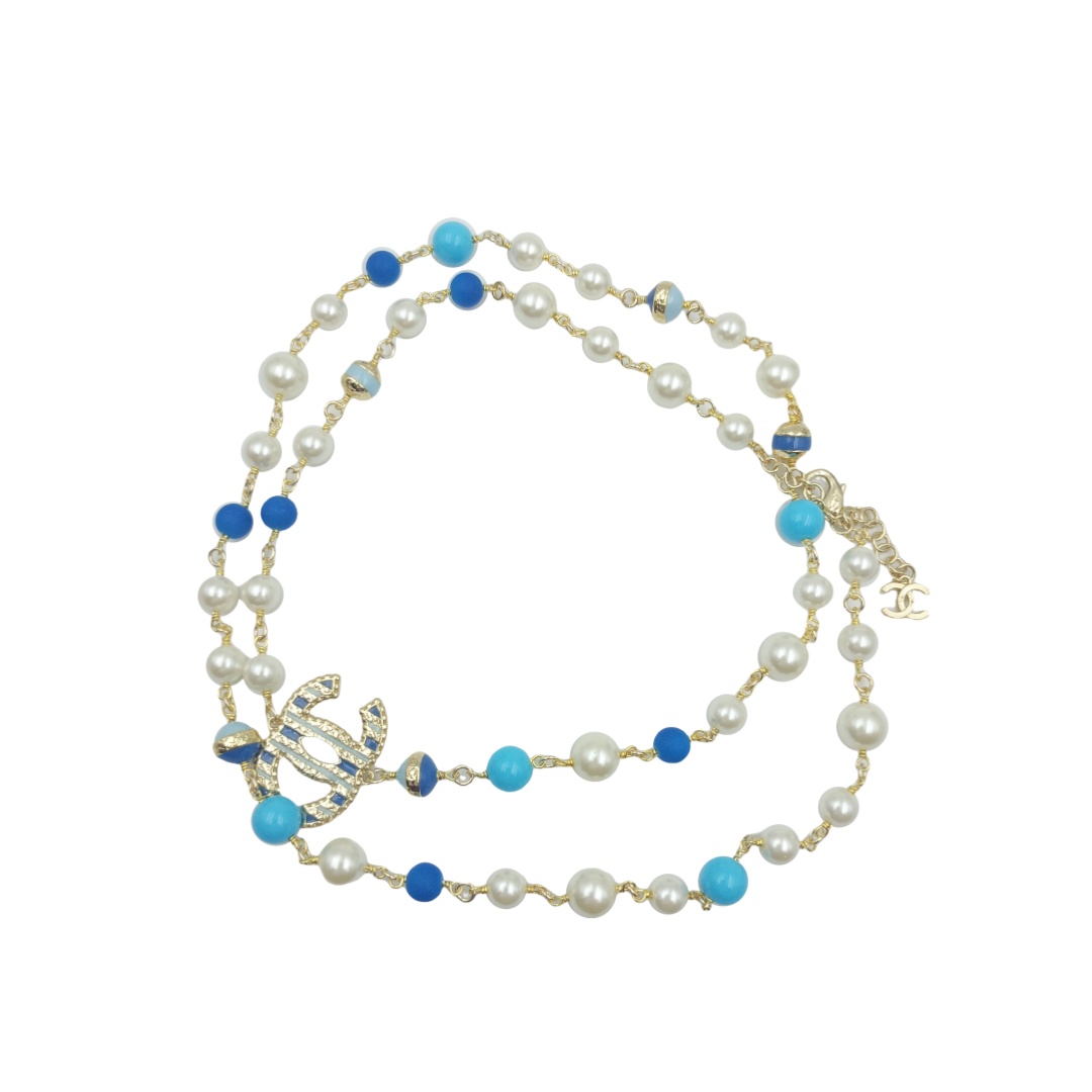CCL335 Color pearls with enamel cc logo long sweater chain necklace - ccjewelryacc