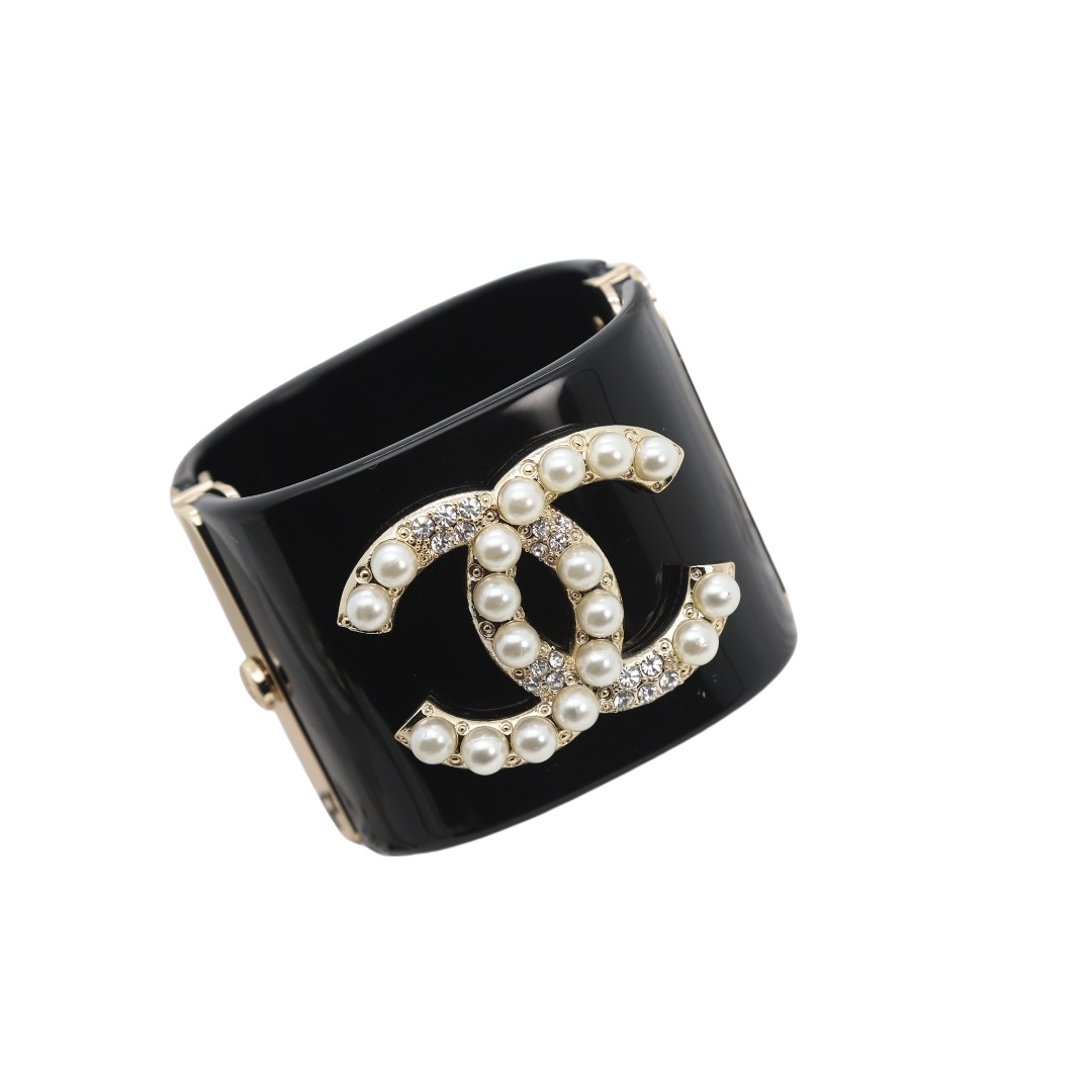 CCS101 CC wide acrylic with crystal and pearl cc logo cuff bracelet - ccjewelryacc