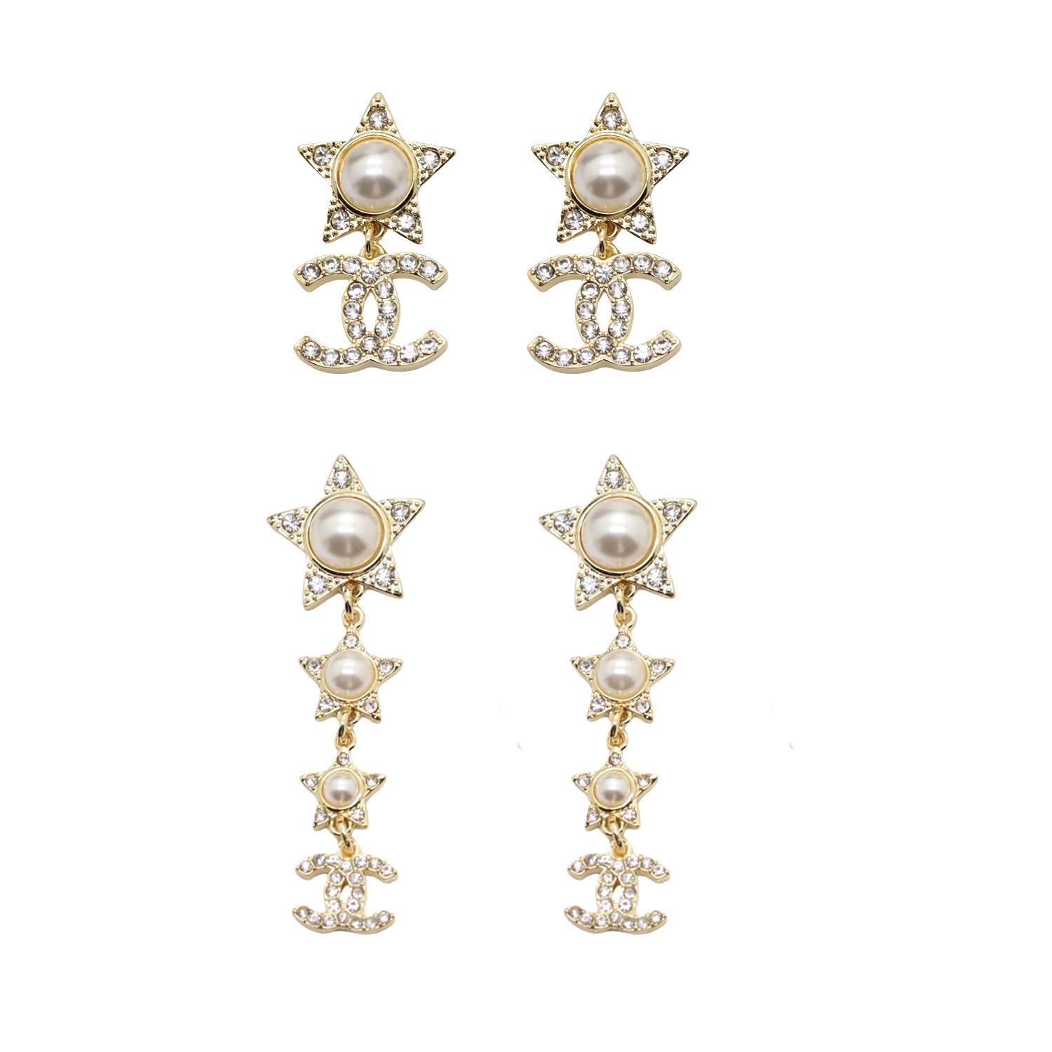 CCE421 Crytal pearl star and CC logo FRINGE drop earring - ccfashionjewelry