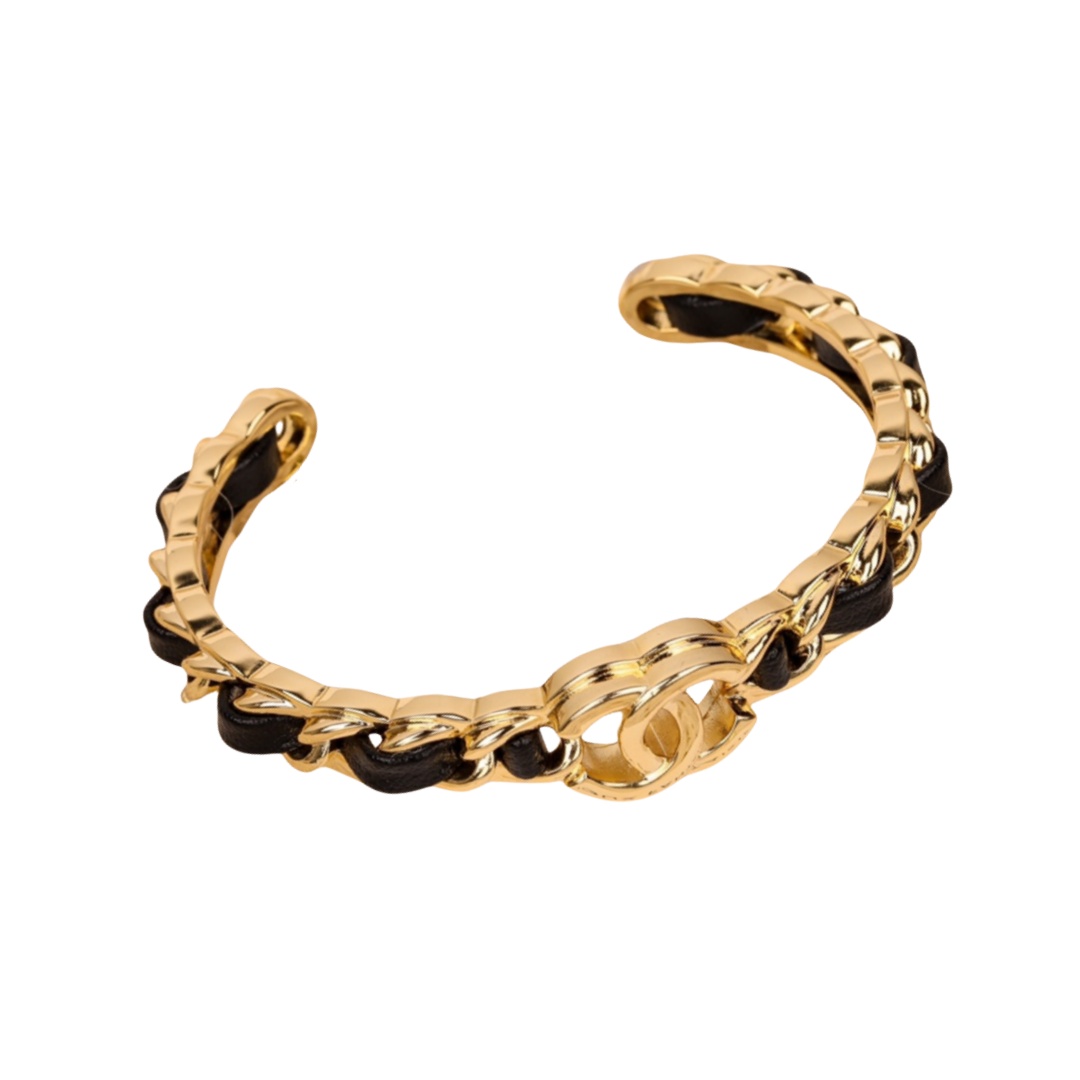 CCS076 24K Metal chain and leather with cc logo bangle bracelet - ccfashionjewelry