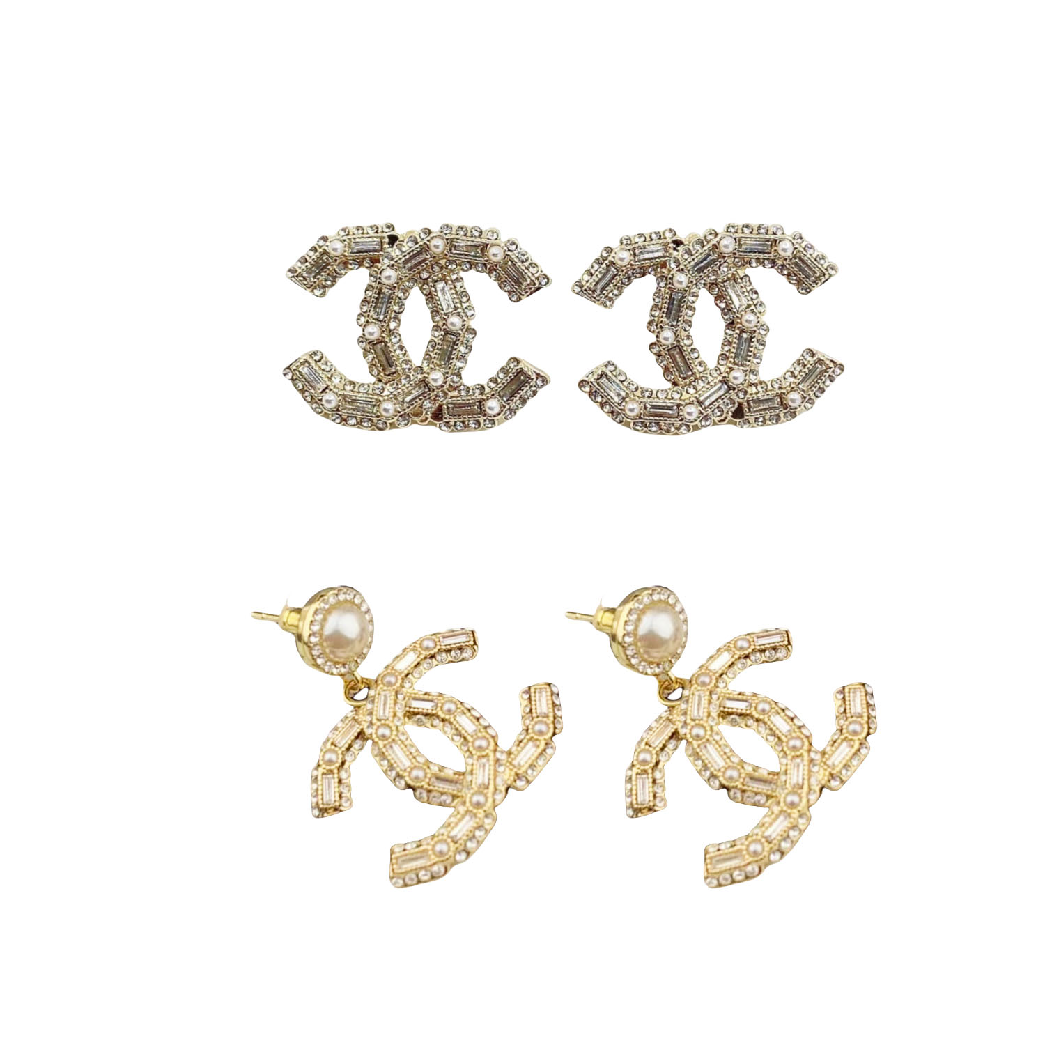 CCE219 100th anniversary crystal and pearl cc logo stud earrings - ccjewelryacc