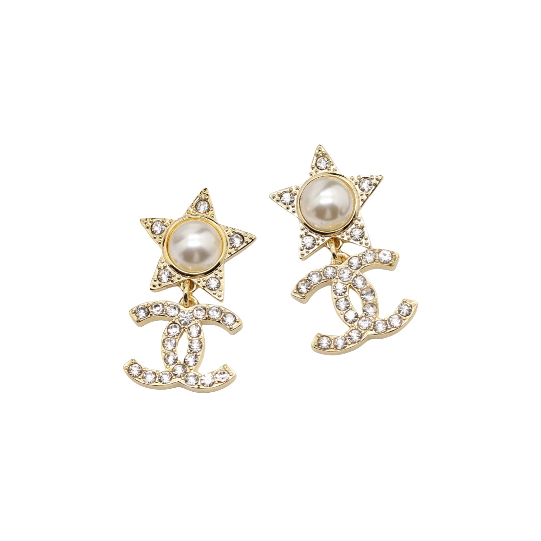 CCE421 Crytal  pearl star and CC logo FRINGE drop earring - ccjewelryacc