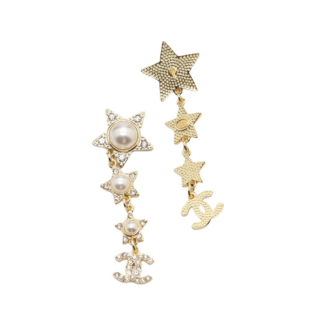 CCE421 Crytal  pearl star and CC logo FRINGE drop earring - ccjewelryacc