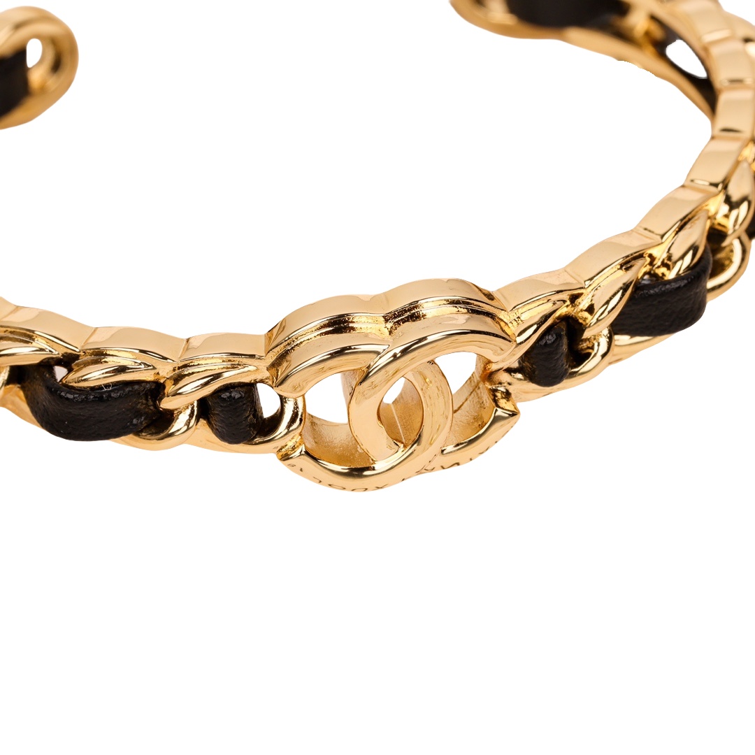 CCS076 24K Metal chain and leather with cc logo bangle bracelet - ccfashionjewelry