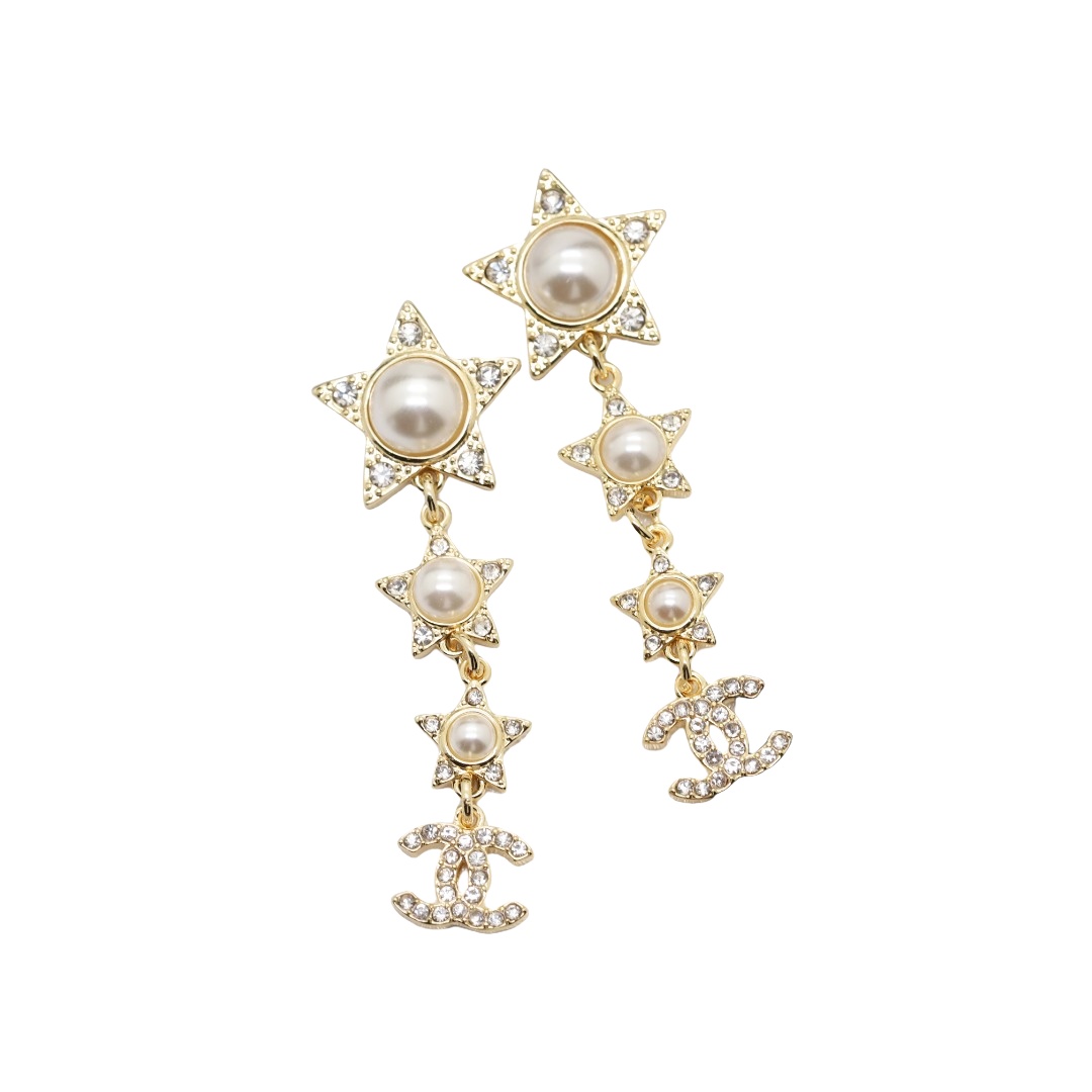 CCE421 Crytal  pearl star and CC logo FRINGE drop earring - ccjewelryacc