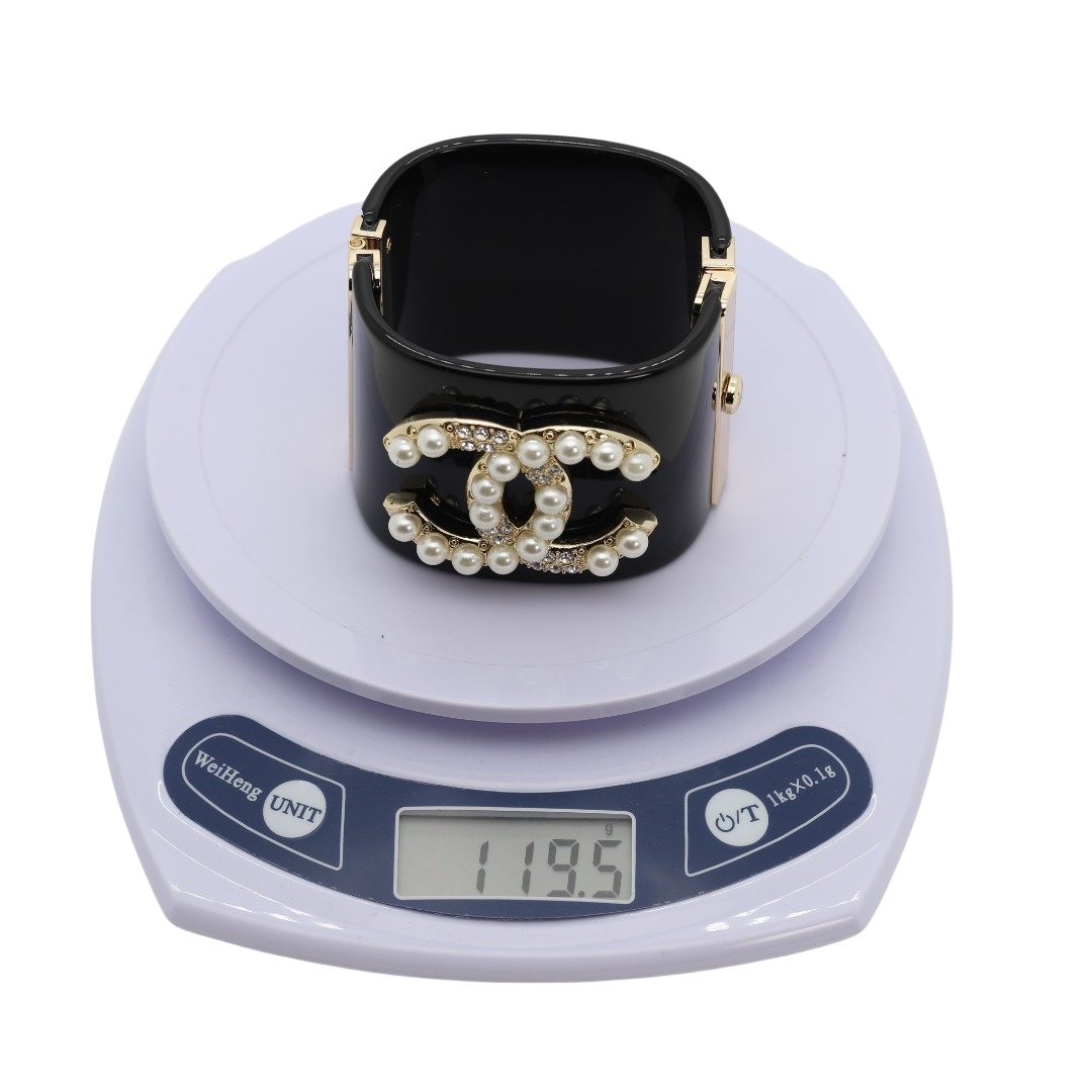 CCS101 CC wide acrylic with crystal and pearl cc logo cuff bracelet - ccjewelryacc