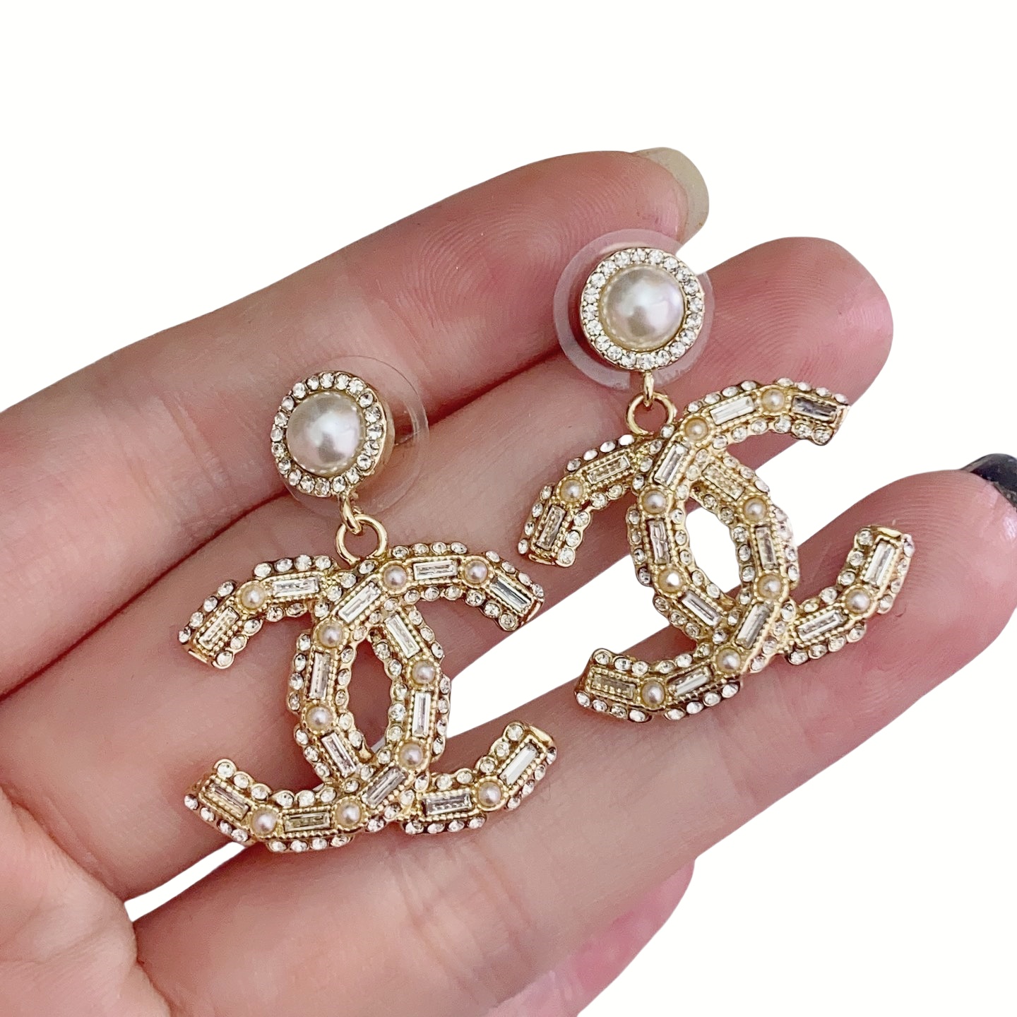 CCE219 100th anniversary crystal and pearl cc logo stud earrings - ccjewelryacc