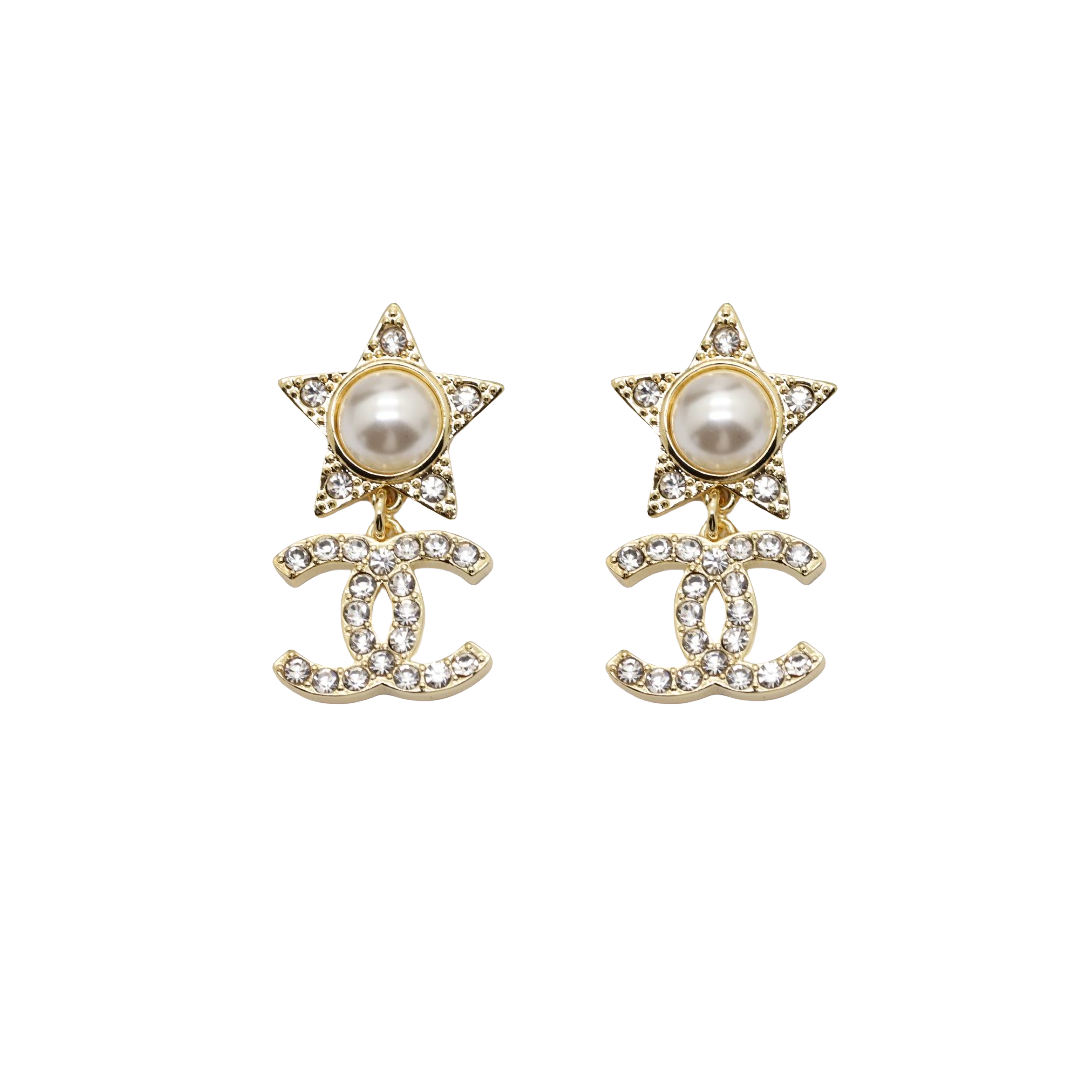 CCE421 Crytal pearl star and CC logo FRINGE drop earring - ccfashionjewelry