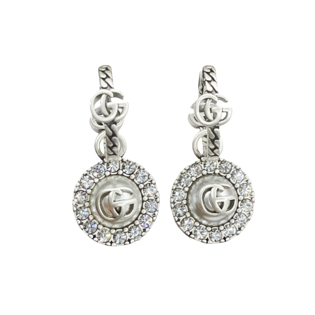 GGE120 Vintage Silver crystal gg logo drop earring - ccfashionjewelry