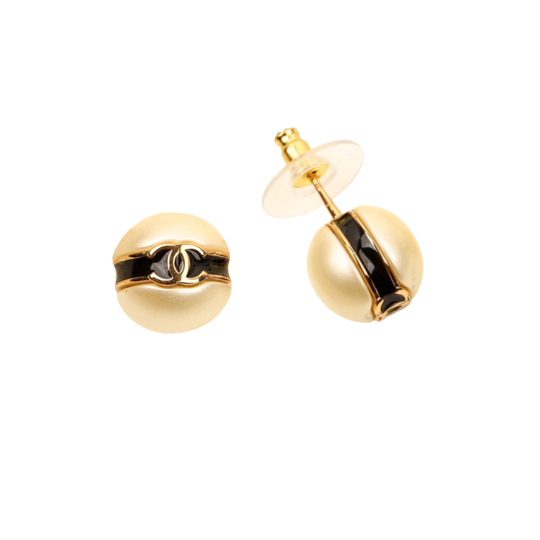 CCE143 Pearl bean black enamel double C earring - ccjewelryacc