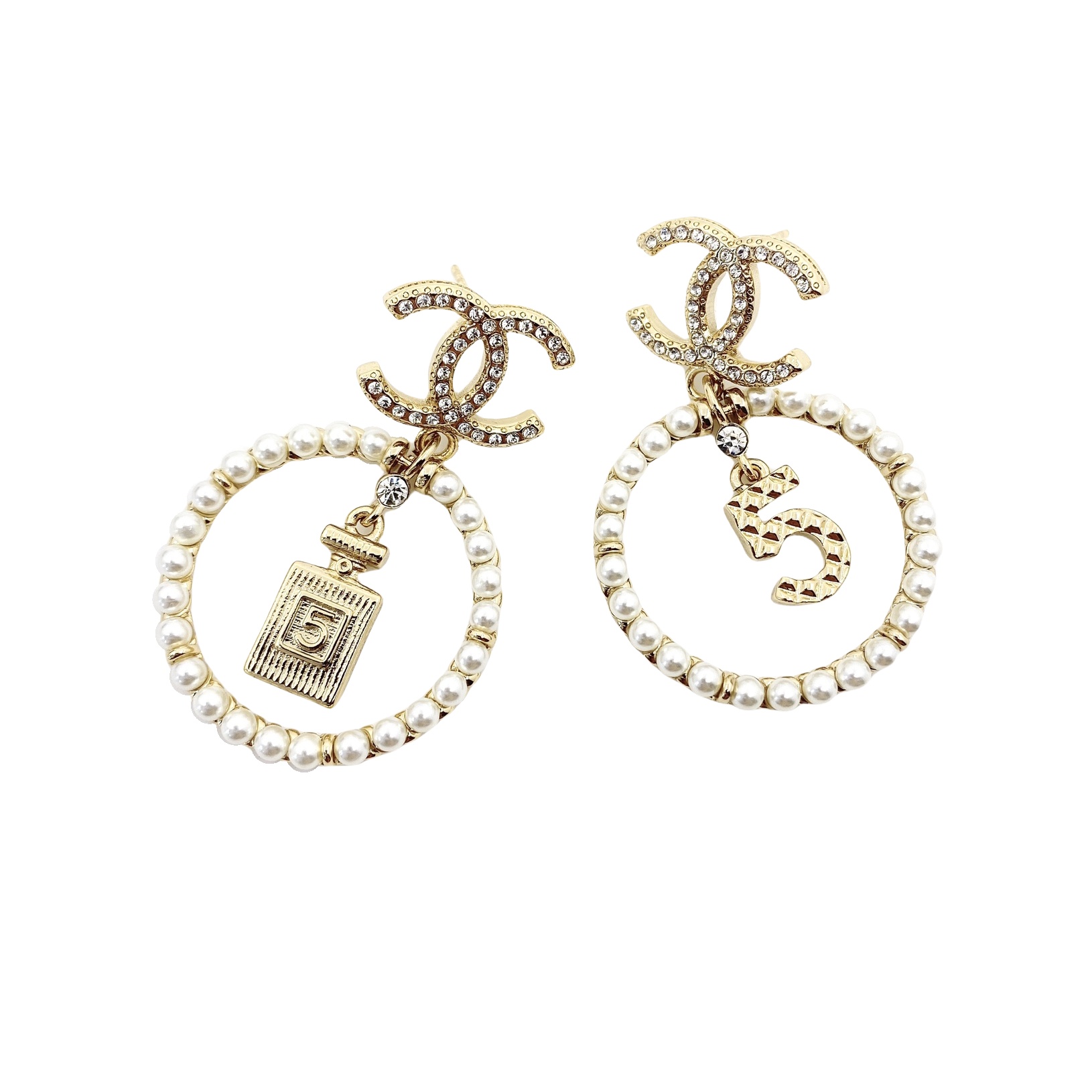 CCE036 Crystal and pearl No 5 and perfume bottl asymmetrical with CC logo stud drop earring - ccfashionjewelry