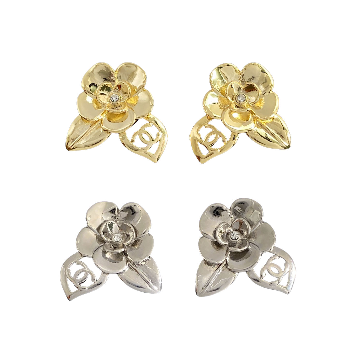 CCE845 24B camellia flower with cc logo stud earring - ccfashionjewelry