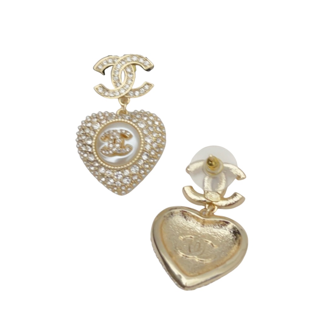 CCE005 Chanel Crystal and pearls cc and heart drop earring - ccjewelryacc