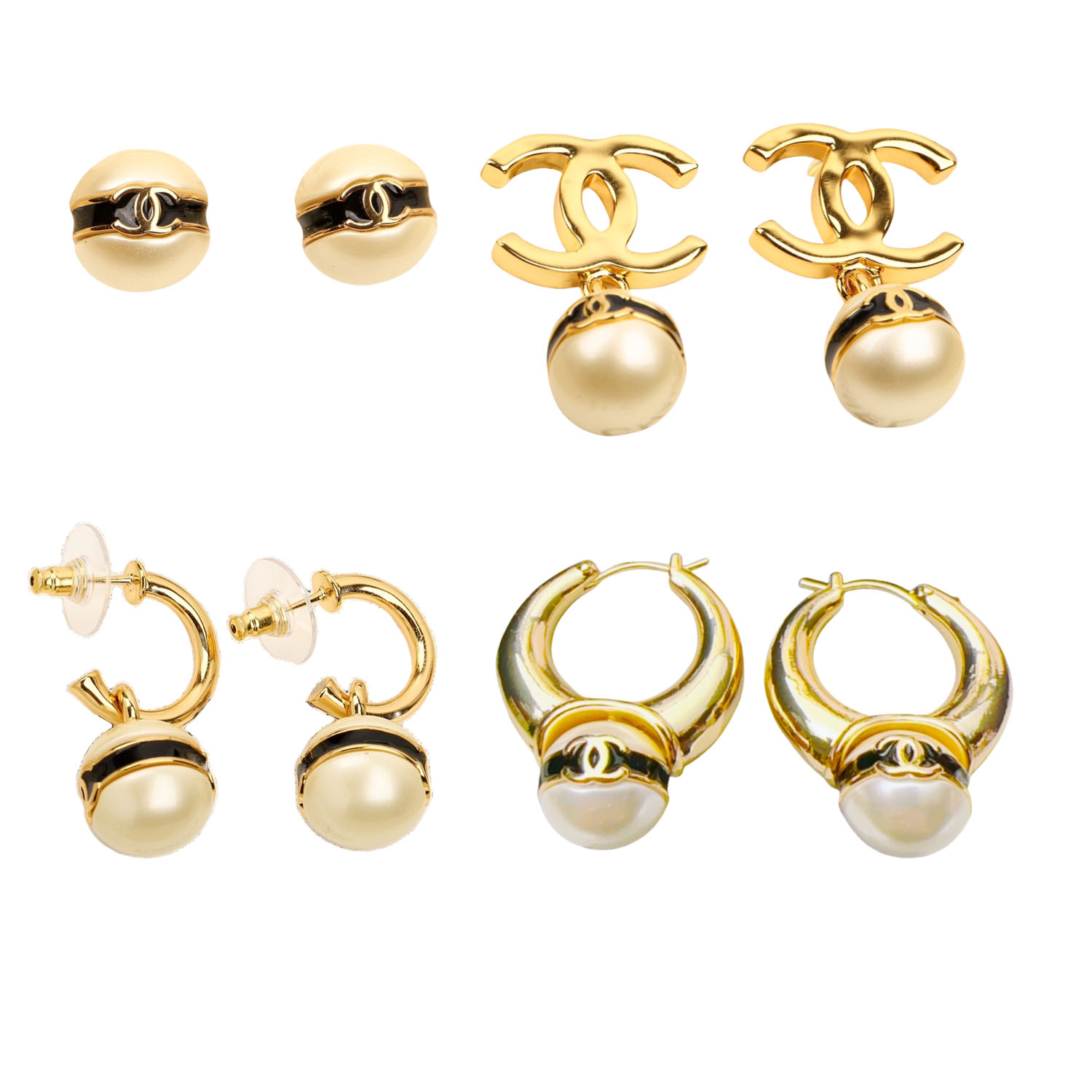 CCE143 Pearl bean black enamel double C earring - ccjewelryacc