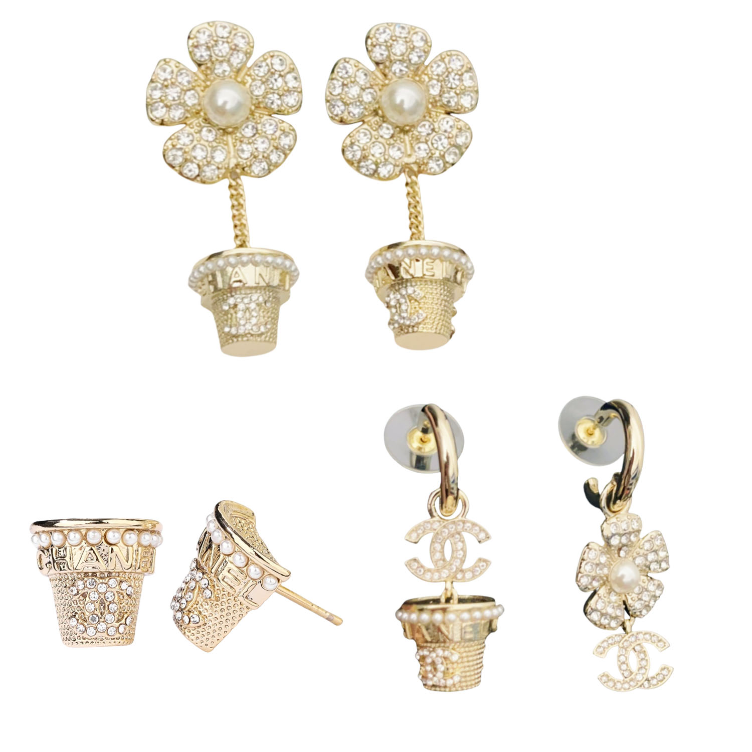 CCE057 Crystal and pearl flowerpot with flower with CC logo stud earring - ccfashionjewelry
