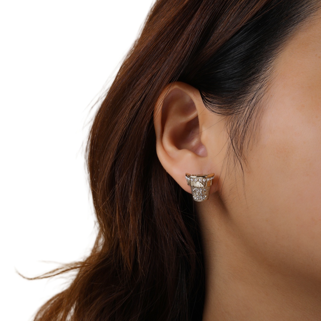 CCE057 Crystal and pearl flowerpot with flower with CC logo stud earring - ccjewelryacc