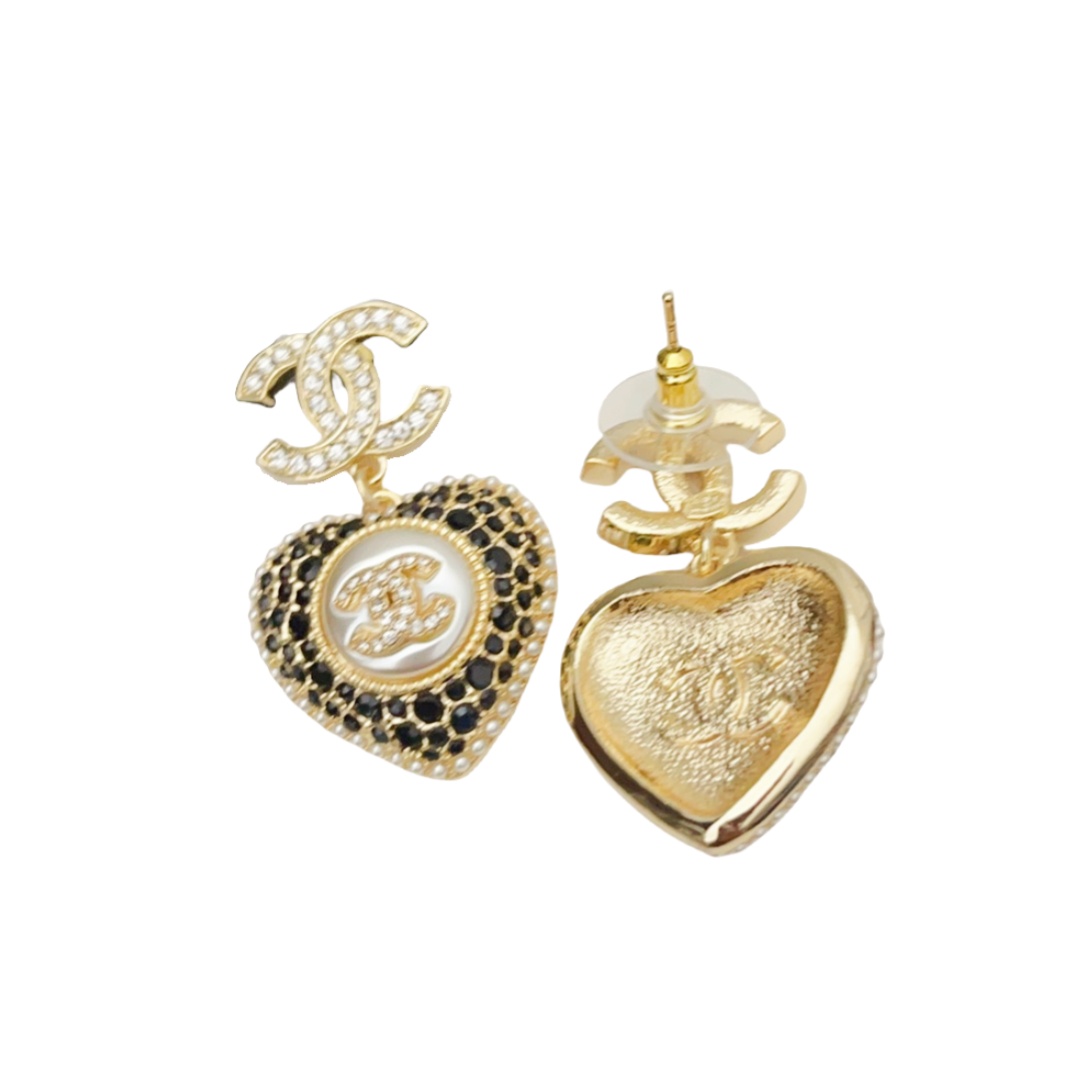 CCE005 Chanel Crystal and pearls cc and heart drop earring - ccjewelryacc