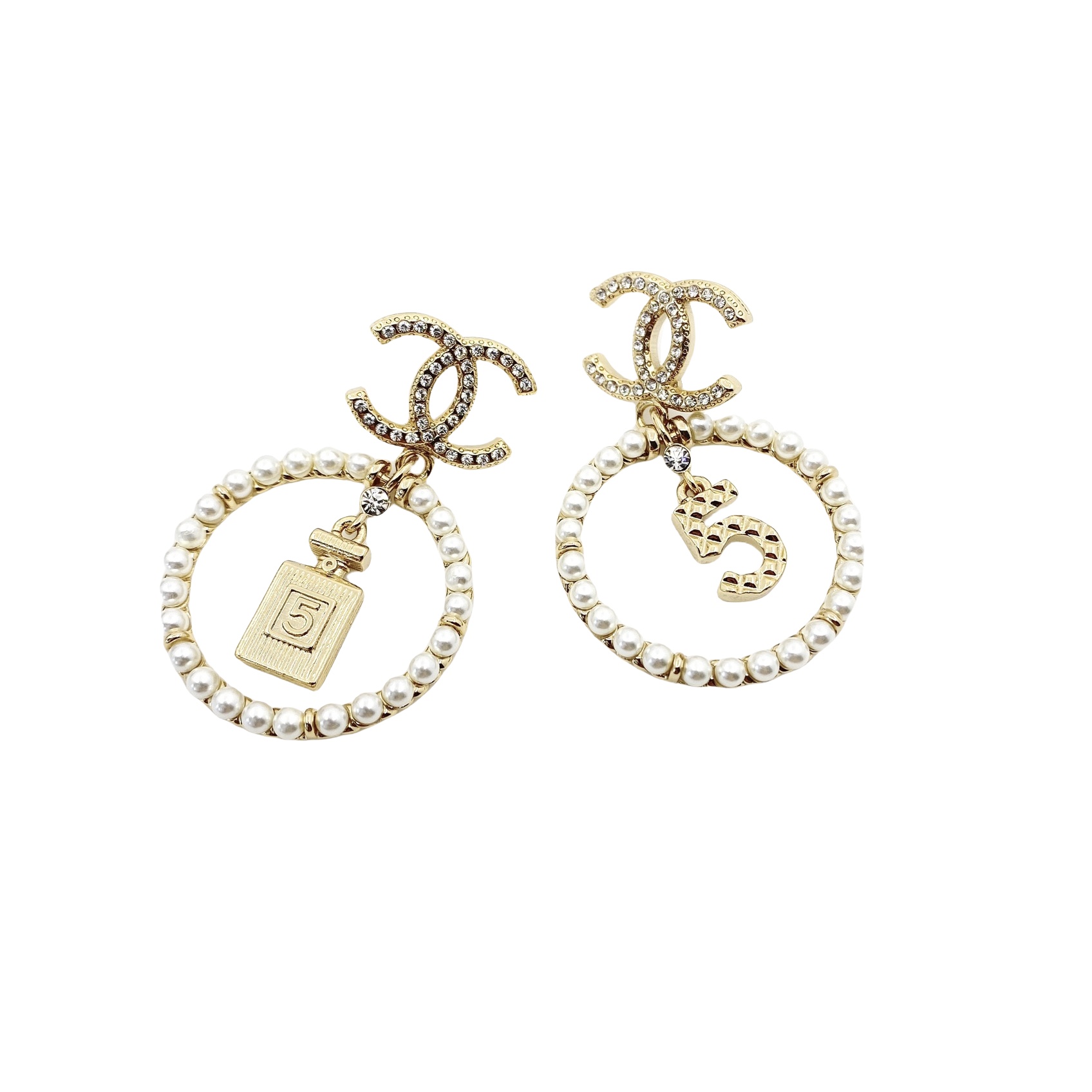 CCE036 Crystal and pearl No 5 and perfume bottl asymmetrical with CC logo stud drop earring - ccfashionjewelry